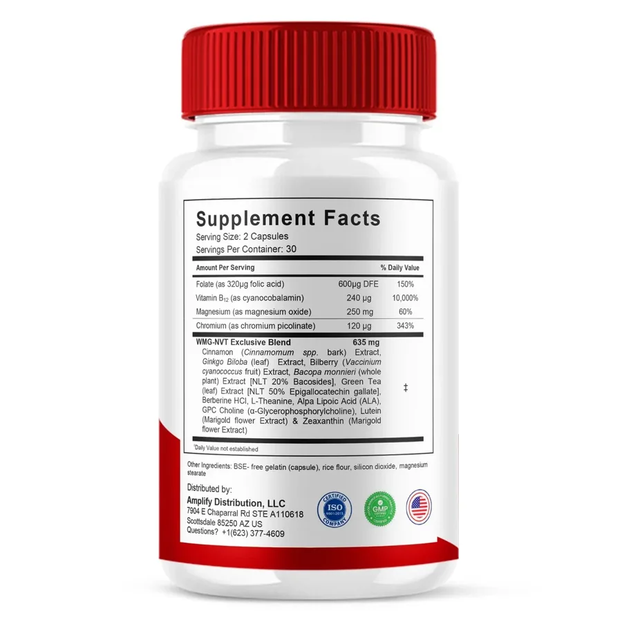 HoneyFlush Supplement Facts panel: 2 capsules, 30 servings, four nutrients and the 635 mg WMG-NVT Exclusive Blend