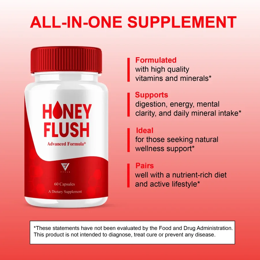 HoneyFlush all-in-one supplement panel listing its four claim lines