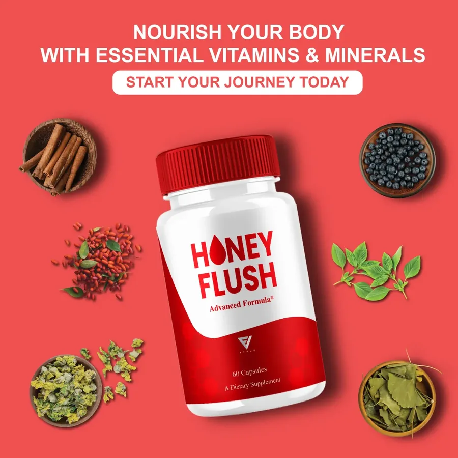 HoneyFlush bottle on a red background with cinnamon, blueberries, goji berries and green leaves