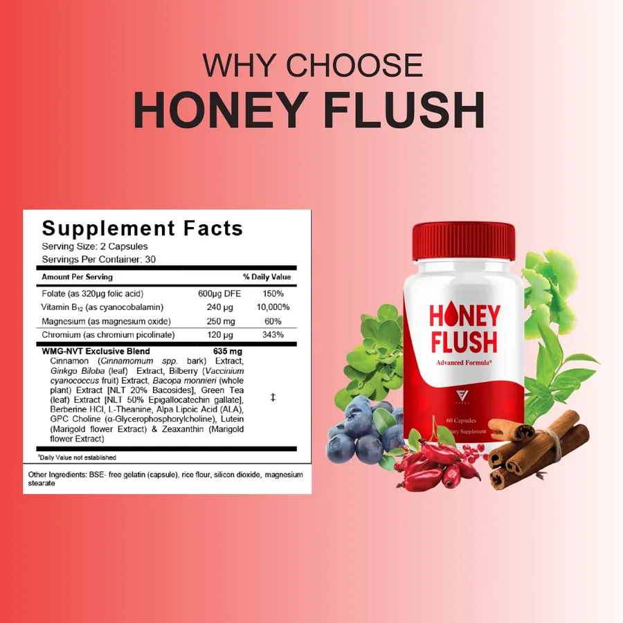 Why choose HoneyFlush panel showing the Supplement Facts with herbs
